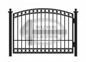 Drawing of an arched-top black iron gate with decorative rings along the top and bottom rails