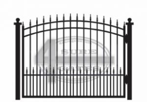 Drawing of an arched-top iron gate with spear-point pickets, double top rails, and short spear-point lower pickets