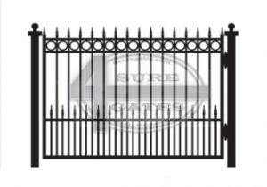 Drawing of a flat-top iron gate with spear-point pickets, a band of rings under the top rail, and short lower pickets