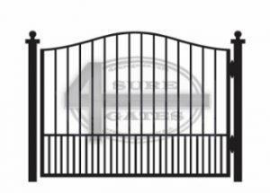 Drawing of a bell-top iron gate with plain vertical pickets and short lower pickets